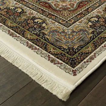 4' X 5' Ivory Black And Tan Medallion Area Rug With Fringe