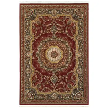 4' X 5' Black Red And Tan Medallion Area Rug With Fringe