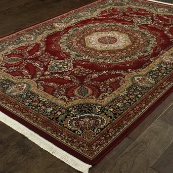 4' X 5' Black Red And Tan Medallion Area Rug With Fringe