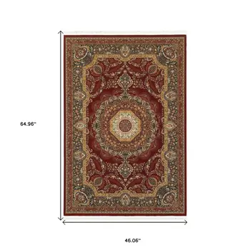 4' X 5' Black Red And Tan Medallion Area Rug With Fringe