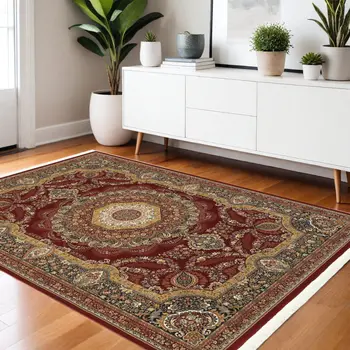 4' X 5' Black Red And Tan Medallion Area Rug With Fringe