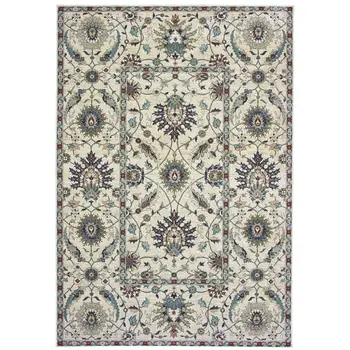 4' X 5' Ivory Navy Blue And Brown Oriental Area Rug