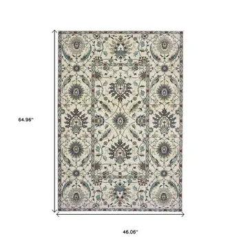 4' X 5' Ivory Navy Blue And Brown Oriental Area Rug