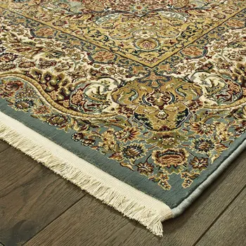 10' X 13' Blue And Gold Medallion Area Rug With Fringe