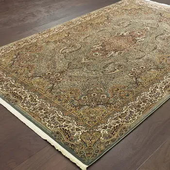 10' X 13' Blue And Gold Medallion Area Rug With Fringe