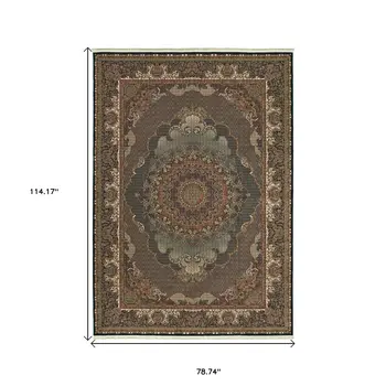 7' X 10' Blue And Red Medallion Area Rug With Fringe