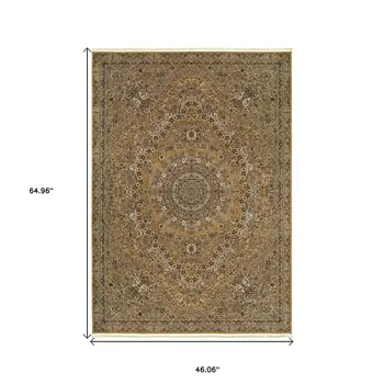 4' X 5' Gold And Ivory Medallion Area Rug With Fringe