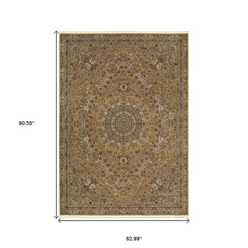 5' X 8' Gold And Ivory Medallion Area Rug With Fringe