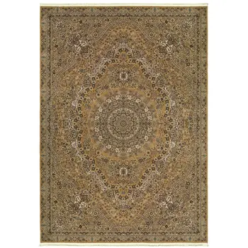 8' X 11' Gold And Ivory Medallion Area Rug With Fringe