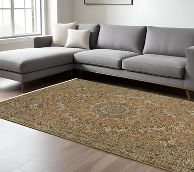 8' X 11' Gold And Ivory Medallion Area Rug With Fringe