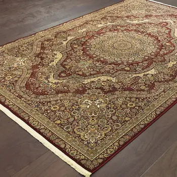 10' X 13' Red And Gold Medallion Area Rug With Fringe