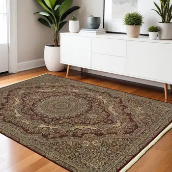 4' X 5' Red And Gold Medallion Area Rug With Fringe