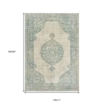 10' X 13' Ivory And Blue Oriental Distressed Area Rug