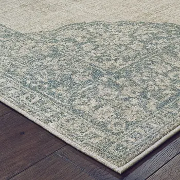 5' X 8' Ivory And Blue Oriental Distressed Area Rug