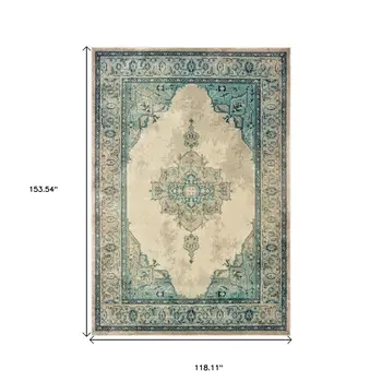 10' X 13' Ivory And Blue Oriental Distressed Area Rug