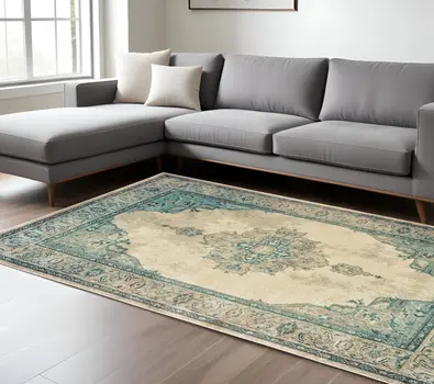 10' X 13' Ivory And Blue Oriental Distressed Area Rug