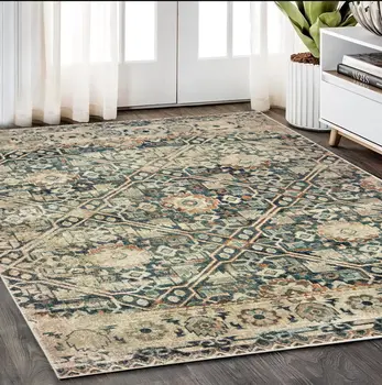 5' X 8' Blue And Ivory Geometric Distressed Area Rug