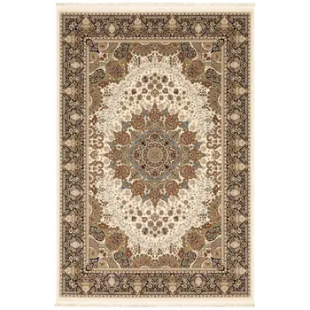5' X 8' Ivory Black And Tan Medallion Area Rug With Fringe