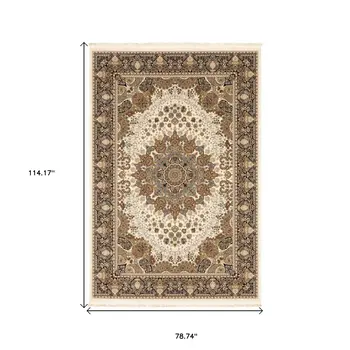 7' X 10' Ivory Black And Tan Medallion Area Rug With Fringe