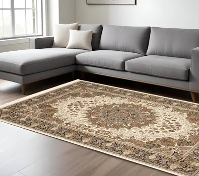 7' X 10' Ivory Black And Tan Medallion Area Rug With Fringe