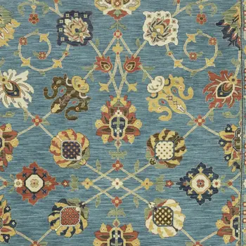 5' X 8' Blue Yellow And Ivory Oriental Area Rug With Fringe