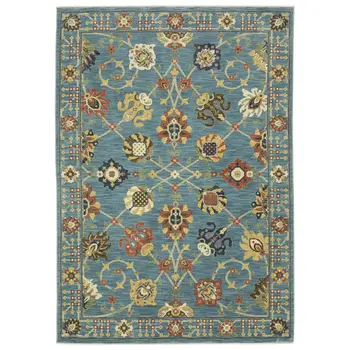 10' X 13' Blue Yellow And Ivory Oriental Area Rug With Fringe