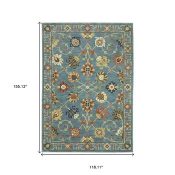 10' X 13' Blue Yellow And Ivory Oriental Area Rug With Fringe