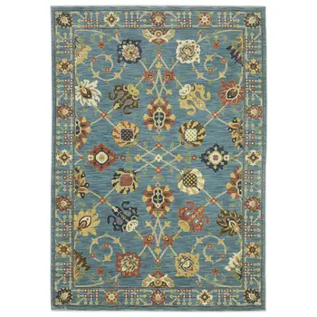 7' X 10' Blue Yellow And Ivory Oriental Area Rug With Fringe