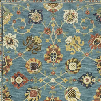 8' X 11' Blue Yellow And Ivory Oriental Area Rug With Fringe