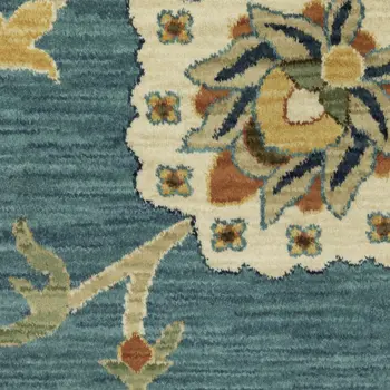 8' X 11' Blue Yellow And Ivory Oriental Area Rug With Fringe