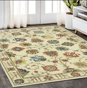 5' X 8' Ivory Yellow And Orange Oriental Area Rug With Fringe