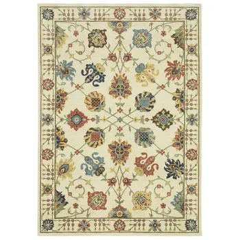 5' X 8' Ivory Yellow And Orange Oriental Area Rug With Fringe