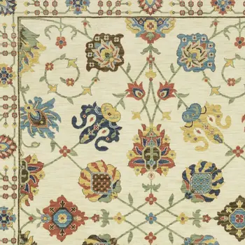 7' X 10' Ivory Yellow And Orange Oriental Area Rug With Fringe