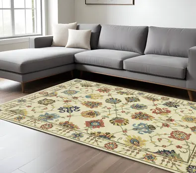 8' X 11' Ivory Yellow And Orange Oriental Area Rug With Fringe