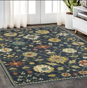 5' X 8' Blue And Gold Oriental Area Rug With Fringe