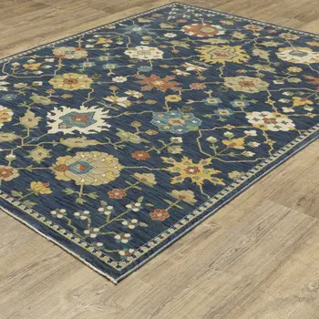 5' X 8' Blue And Gold Oriental Area Rug With Fringe