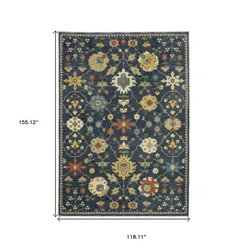 10' X 13' Blue And Gold Oriental Area Rug With Fringe