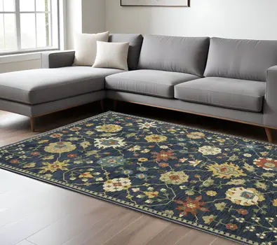 7' X 10' Blue And Gold Oriental Area Rug With Fringe