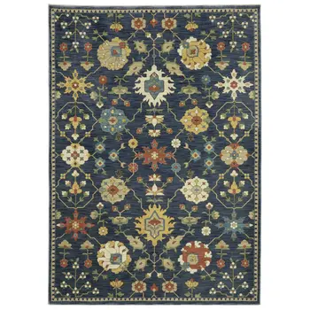 7' X 10' Blue And Gold Oriental Area Rug With Fringe