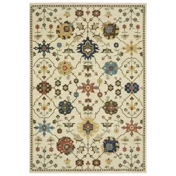 5' X 8' Ivory And Gold Oriental Area Rug With Fringe