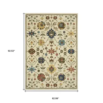 5' X 8' Ivory And Gold Oriental Area Rug With Fringe