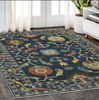 5' X 8' Blue And Gold Oriental Area Rug With Fringe