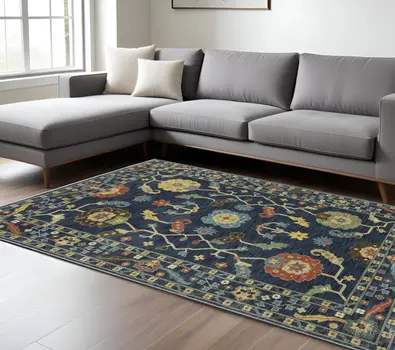 7' X 10' Blue And Gold Oriental Area Rug With Fringe