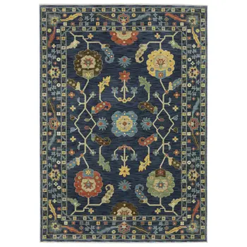7' X 10' Blue And Gold Oriental Area Rug With Fringe