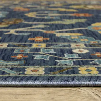 7' X 10' Blue And Gold Oriental Area Rug With Fringe