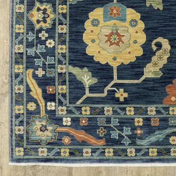 7' X 10' Blue And Gold Oriental Area Rug With Fringe