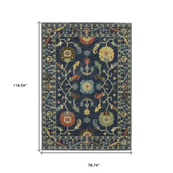7' X 10' Blue And Gold Oriental Area Rug With Fringe