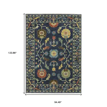 8' X 11' Blue And Gold Oriental Area Rug With Fringe