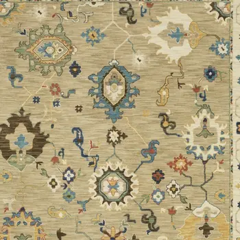 10' X 13' Beige Light Blue And Tan Oriental Area Rug With Fringe