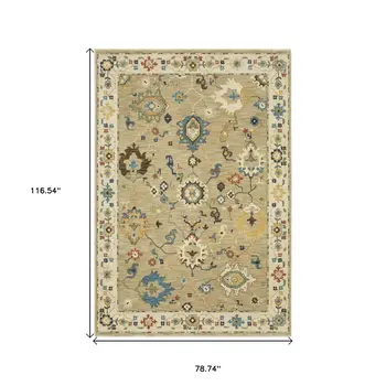 7' X 10' Beige Light Blue And Tan Oriental Area Rug With Fringe